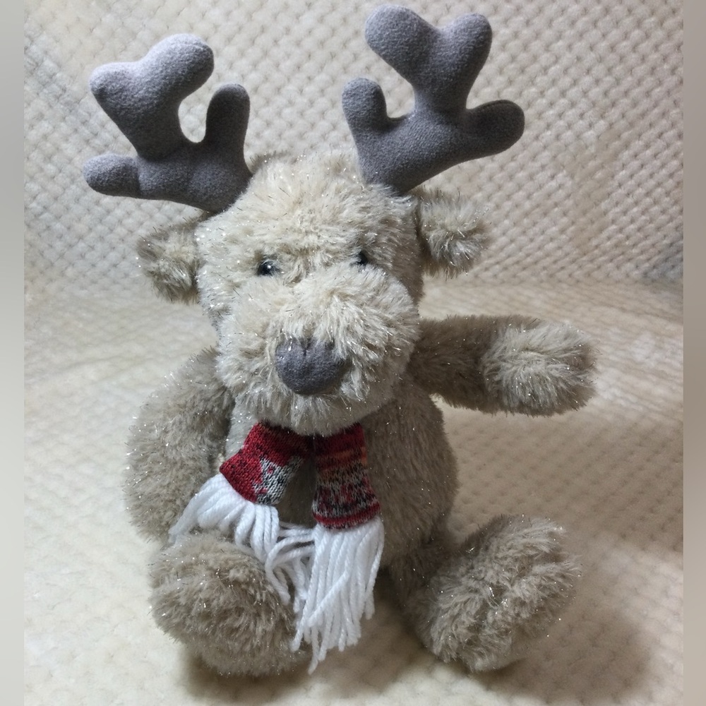 Linzy Toys Plush Tan Sparkle Reindeer Stuffed Animal with Knit Scarf